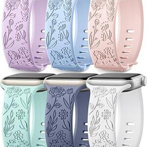 6 Pack Floral Engraved Bands Compatible with Apple Watch Band Silicone Flower